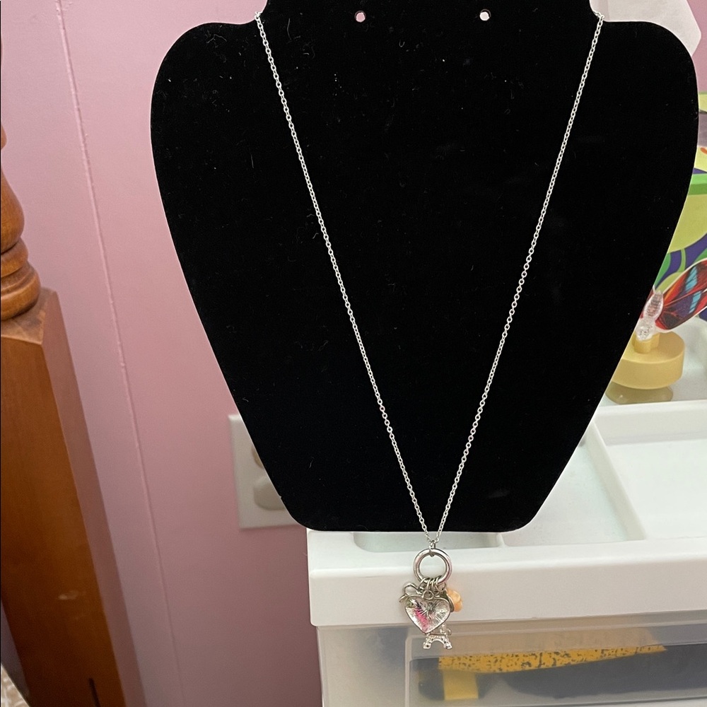 Silver Heart and Eiffel Tower Pendant Necklace